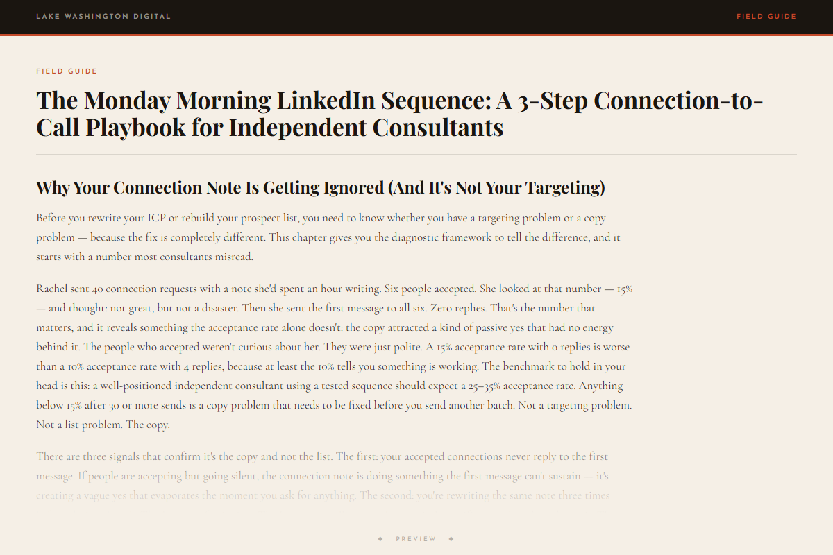 Preview of The Monday Morning LinkedIn Sequence: A 3-Step Connection-to-Call Playbook for Independent Consultants