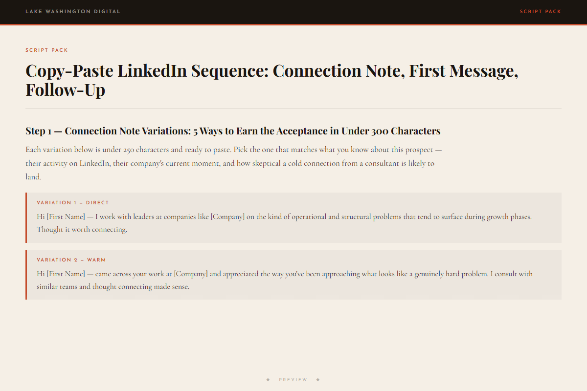Preview of Copy-Paste LinkedIn Sequence: Connection Note, First Message, Follow-Up