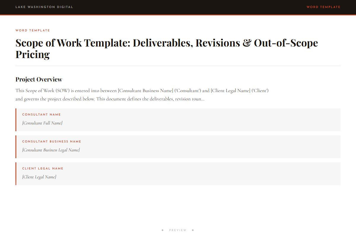 Preview of Scope of Work Template: Deliverables, Revisions & Out-of-Scope Pricing