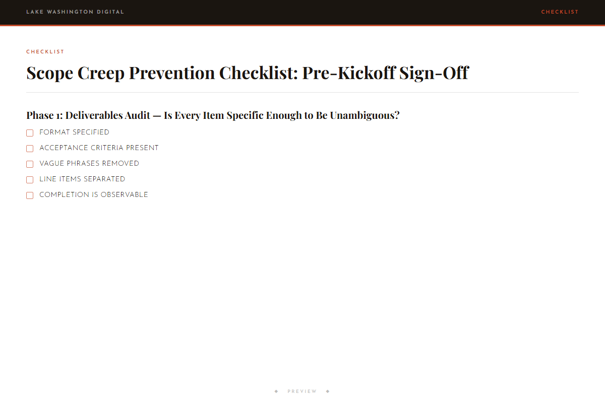 Preview of Scope Creep Prevention Checklist: Pre-Kickoff Sign-Off