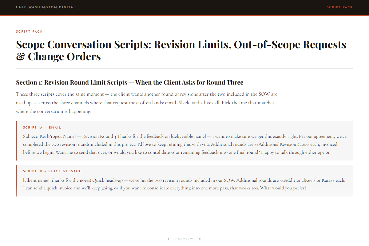 Preview of Scope Conversation Scripts: Revision Limits, Out-of-Scope Requests & Change Orders
