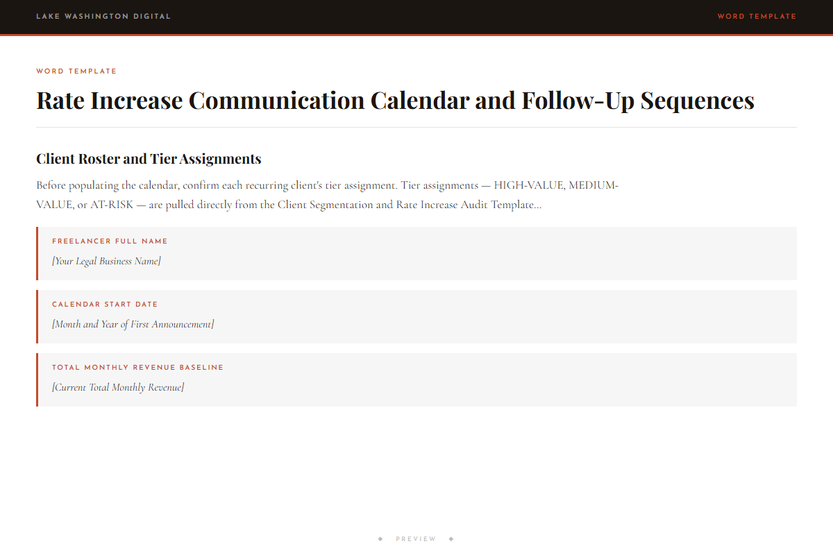 Preview of Rate Increase Communication Calendar and Follow-Up Sequences