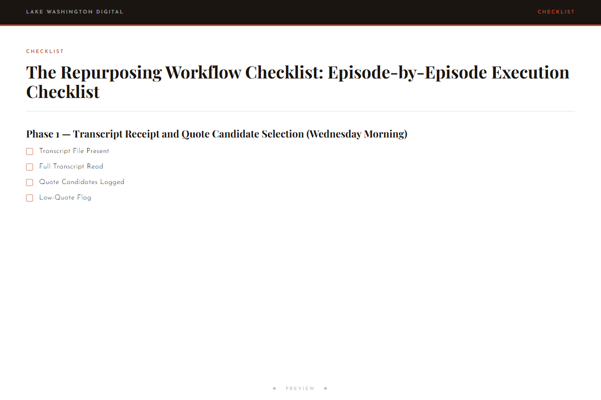 Preview of The Repurposing Workflow Checklist: Episode-by-Episode Execution Checklist