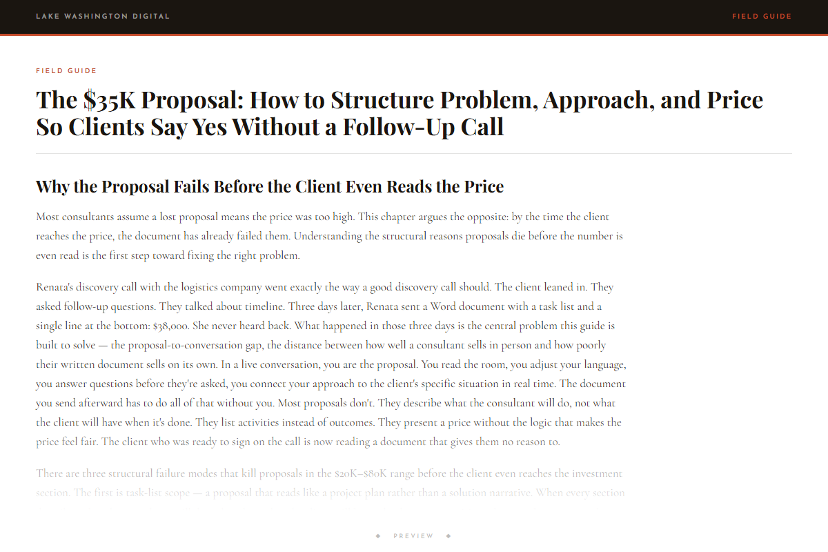 Preview of The $35K Proposal: How to Structure Problem, Approach, and Price So Clients Say Yes Without a Follow-Up Call