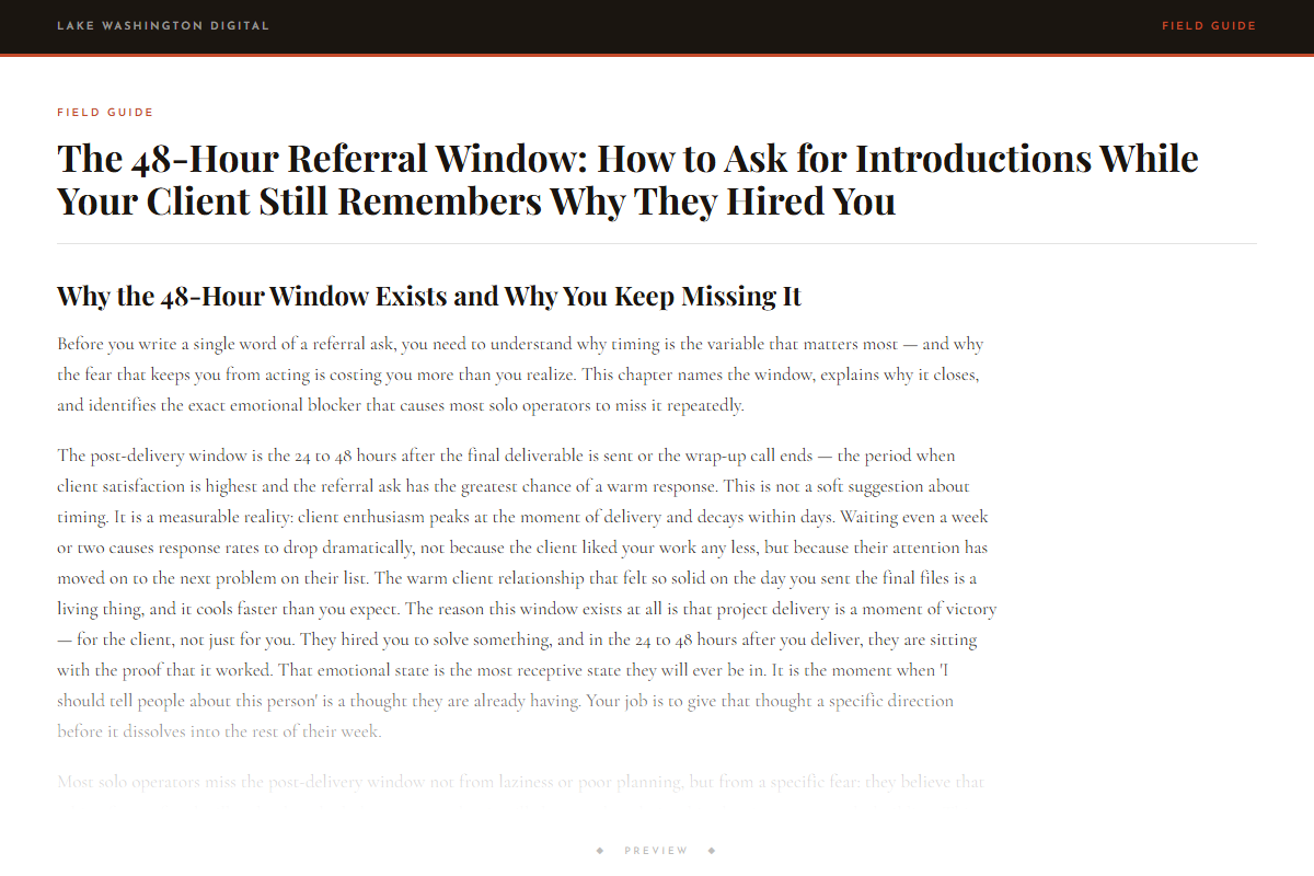 Preview of The 48-Hour Referral Window: How to Ask for Introductions While Your Client Still Remembers Why They Hired You