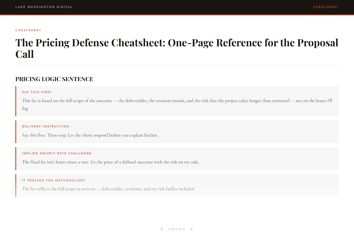 Preview of The Pricing Defense Cheatsheet: One-Page Reference for the Proposal Call