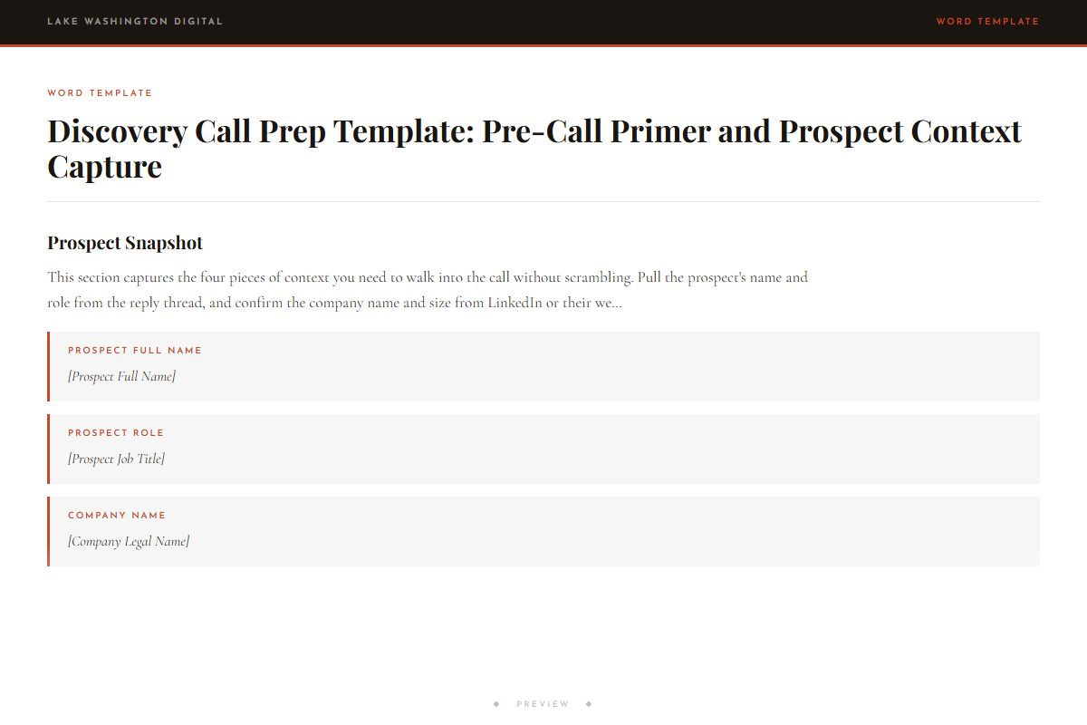 Preview of Discovery Call Prep Template: Pre-Call Primer and Prospect Context Capture