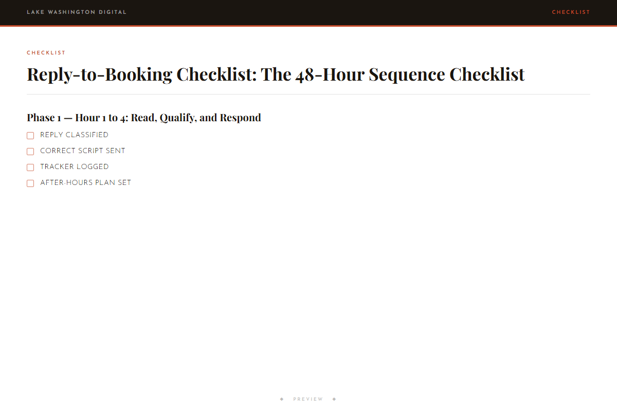 Preview of Reply-to-Booking Checklist: The 48-Hour Sequence Checklist