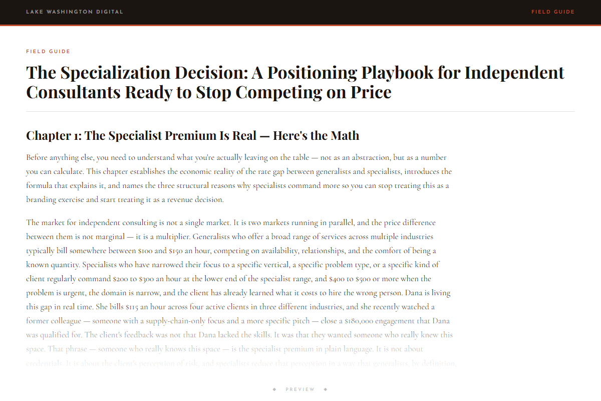 Preview of The Specialization Decision: A Positioning Playbook for Independent Consultants Ready to Stop Competing on Price