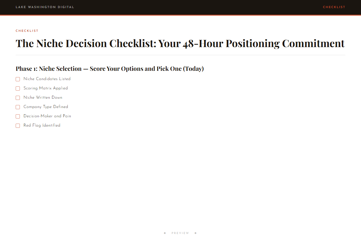 Preview of The Niche Decision Checklist: Your 48-Hour Positioning Commitment