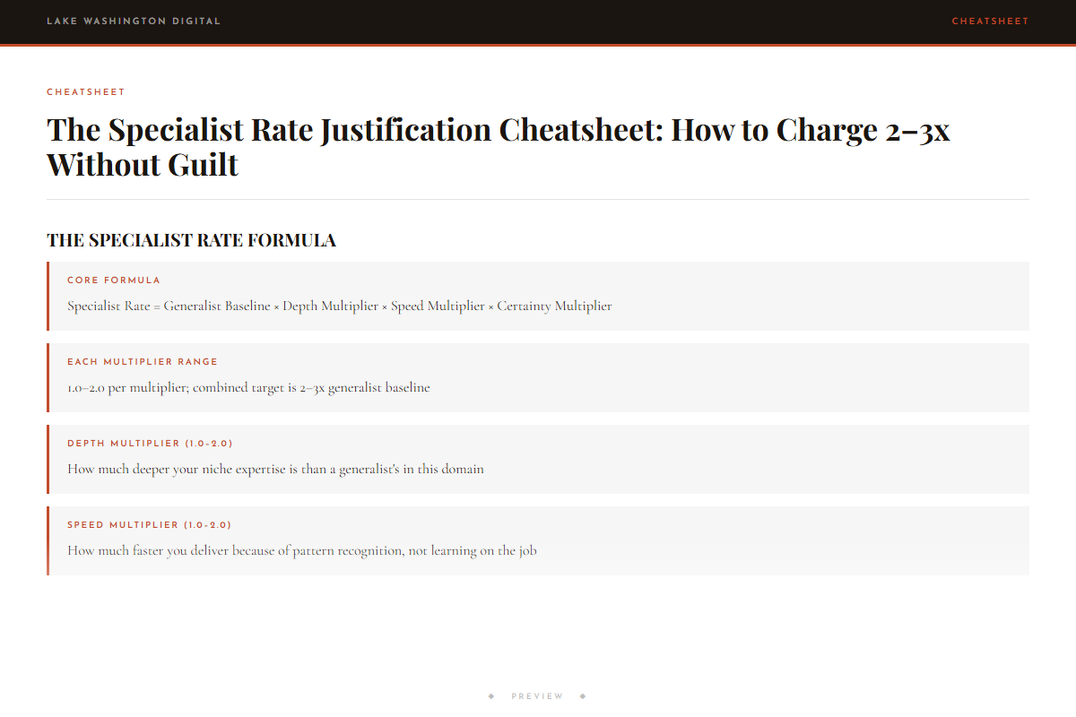 Preview of The Specialist Rate Justification Cheatsheet: How to Charge 2–3x Without Guilt